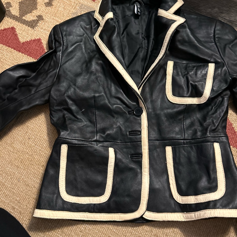 Black and Cream Quilted Leather Jacket with Structured Silhouette